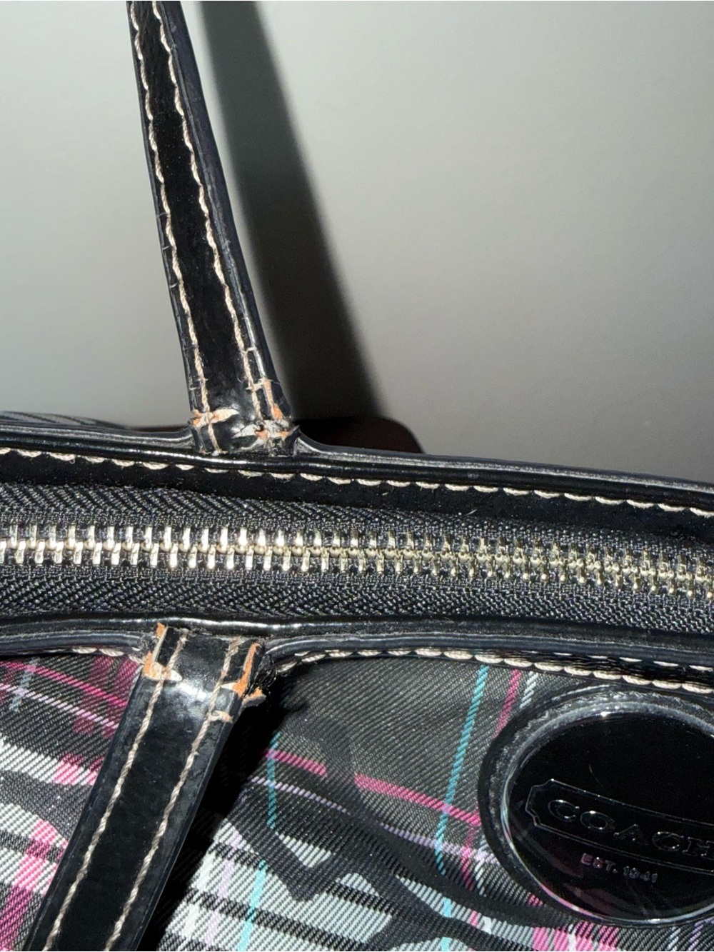Coach Plaid Logo Tote in Black and Purple - Picture 9 of 11